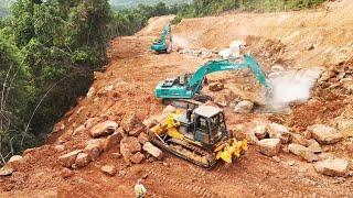 OMG!! Massive Bulldozer Excavator Huge Rock Moving Clearing Basic Mountain Road Construction