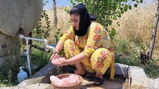 Daily village life in autumn: Cooking chicken and saji bread in Iranian village style