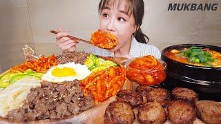 SUB) KOREAN CUISINE BIBIMBAP KIMCHI RIB PATTY SOFT TOFU STEW OLD CUCUMBER REAL SOUND ASMR MUKBANG