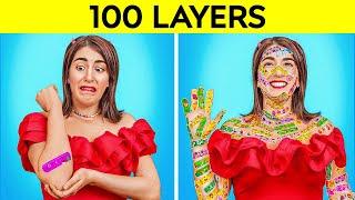 NEW 123GO! 100 LAYERS CHALLENGE! Best 100+ Coats of Makeup, Hairspray, Duct Tape, and Tattoos