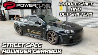 R34 GTR WITH PNEUMATIC GEARBOX?!?!?!? HOLINGER PADDLE SHIFT SEQUENTIAL AND DCT SHIFTER IN ONE.