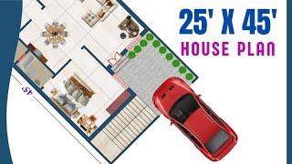 25x45 House Plan with Car Parking, 2 BHK House Design, 25 by 45 #houseplan #housemap #homedesign