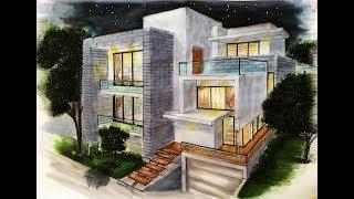 Architectural sketching of house with markers (night) / Bosquejo arquitectónico