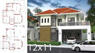 Home Design 3d 12x11m | 3 Bedrooms | Sketchup Exterior House Plans Full Plan