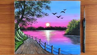 Purple Sunset Landscape Painting for beginners | Acrylic Painting | Canvas Painting