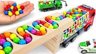 Marble Run ASMR Race  HABA Slope & Dump Truck Excavator Ambulance Forklift Garbage Truck Tractors15