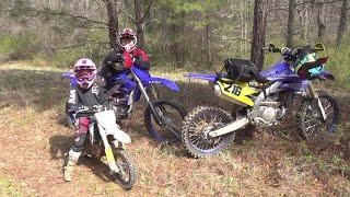 2 kids with Dad on a Dirt Bike trail riding adventure  YZ450f, YZ250f, KLX110L, and the Husqvarna ee