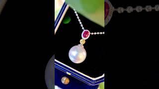 so hot~14.0-15.0MM WHITE SOUTH SEA PEARL & RUBY & DIAMOND & 18K GOLD PENDANT️