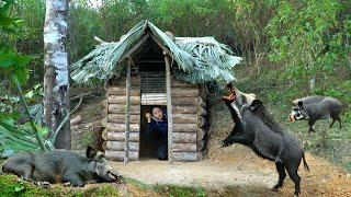 Build a warm and comfortable secret survival shelter. Bushcraft wooden house hunting wild boar