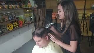 Brazilian Barber Girl SHAVES the boy's head!!