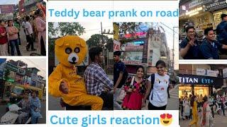 Teddy bear prank on road | cute girls reaction ️ || 2024 reaction video || #teddyboy #therawat