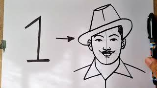 1 Number turns into Shahid Bhagat Singh drawing || Independence day drawing