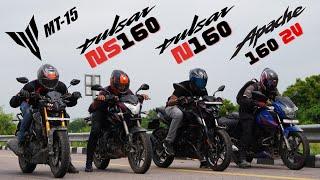 TVS Apache 160 2V vs Yamaha MT15 vs Bajaj Pulsar NS160 BS7 vs Bajaj Pulsar N160 Long Drag Race