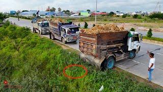 Strating Job!!! Dump Trucks Bury Top Up LandFill With Small Dozer KOMAT'SU Pushing Soils