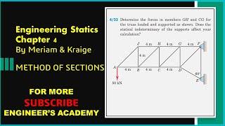 Determine the forces in members GH and CG. | Truss Method of Sections | Engineers Academy