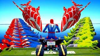 Superheroes on a motorcycle ride over the sea along the Spider-Man Bridge GTA 5