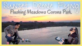 Sunset Drone Flying in Flushing Meadows Corona Park, Queens, NYC