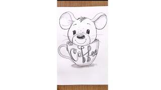 cute mice inside coffee cup pencil drawing‎@Taposhi kids academy 
