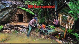 100 Days of survival and building shelters alone in the forest