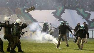 Greece hooligans against Police. Riots before the match Panathinaikos - Olympiakos Gate 13 in action