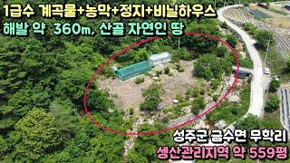 No.23-74 [성주땅매매] 해발 360m 위치, 산골 자연인 땅, 1급수 계곡물+농막+정자+비닐하우스 (성주군 금수면 영천리)