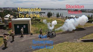 Stockton Beach and Newcastle by bike. Fort Scratchley underground tour. Caravanning Australia