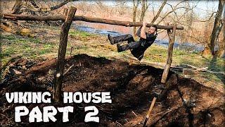 Building a Viking Turf House Part 2: Main Ridge Pole Structure - Bushcraft Dugout Shelter!