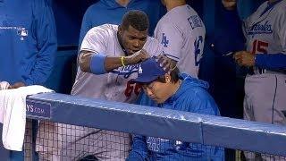 Yasiel Puig shows off the moves and gives a NOOGIE to Hyun-Jin Ryu