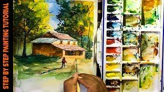 Forest House Painting | Nepali Village Landscape Watercolor Painting | Nepali artist watercolor