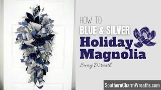 DIY Blue Silver Holiday Magnolia Swag Wreath with a Greenery Market Coordinated Box