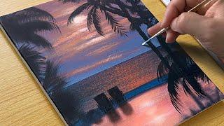 How to Draw a Sunset Beach / Acrylic Painting for Beginners