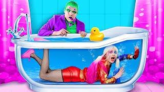 Testing Toilet Hacks Harley Quinn VS Joker! Surviving in Toilet for 24 hrs*Transformed Toilet for 1$
