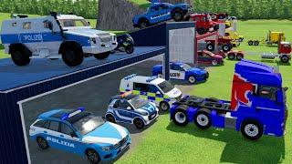 TRANSPORTING POLICE CARS, FIRE TRUCK, MONSTER TRUCK, CARS, AMBULANCE OF COLORS! WITH TRUCKS! - FS 22