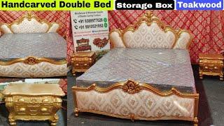 King Size Double Bed, Handmade Woodcrafted, Made in Solid A Grade Teakwood, Golden Duco Finish