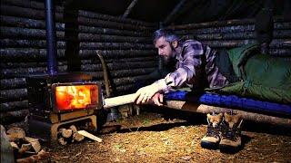 Building Heated Bushcraft Survival  Shelter, Overnight Rainstorm, Wood stove cooking, Fireplace ASMR