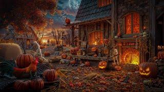 Cozy Autumn Pumpkin Farm Halloween Ambience with Relaxing Crackling Fire & Nature Sound, White Noise