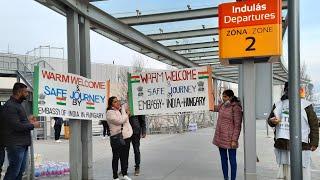 Indian students at Budapest Airport coming from Ukrainian side, return to India by Air India flight