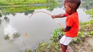 Little boy hunting big fish by rod ~ best hook fishing in the river ~ fish catching video