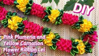 How To Make This Beautiful Hot Pink Plumeria and Yellow Carnation Flower Ribbon Lei