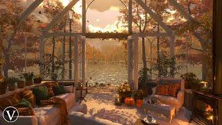 Autumn Sunlounge | Sunset & Rainy Evening Ambience | Log Burner, Lake, Nature & Thunderstorm Sounds