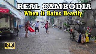 VERY NICE HEAVY RAIN EXPERIENCE | Walking Wet In Trea4 Village Phnom Penh Cambodia - [2K] Walk Tour