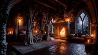 Nighttime Thunderstorm in a Cozy Castle Bedroom with Rain and Fireplace Sounds - 8 Hours