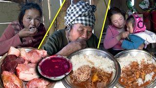 Pork Meat & Blood mix curry cooking & eating in village || Our Traditional style pork Recipe making