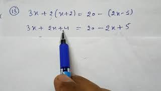 Solve for x: 3x + 2(x+2)= 20 - (2x -5), linear equations  class 6,7,8