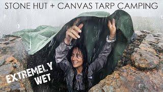 Heavy Rain Camping in Tiny Stone Hut with Canvas Tarp for Roof