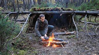 Bushcraft Survival in the Woods with One Knife, Overnight in Natural Shelter, Edible Mushrooms