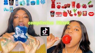 ASMR MUKBANG CONPILATION blue and red food (jelly, strawberry, , jelly noodles, bubble tea, cake car