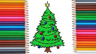 How to draw and color Christmas tree, easy drawing for toddlers and kids.