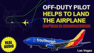 Off-duty pilot helps to land the airplane. Captain incapacitation. Southwest flight 6013. Real ATC