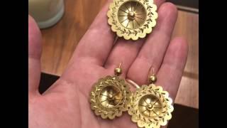 Victorian gold brooch/pendant and earrings, Archaeological Revival style